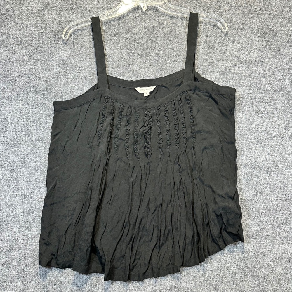 Lucky Brand Camisole Women L Black Boho Crochet Pleated Tank Top